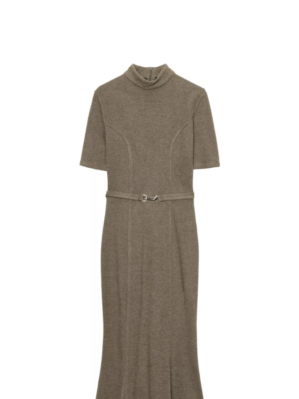 Zara Olive-Taupe Midi Dress with Slim Belt